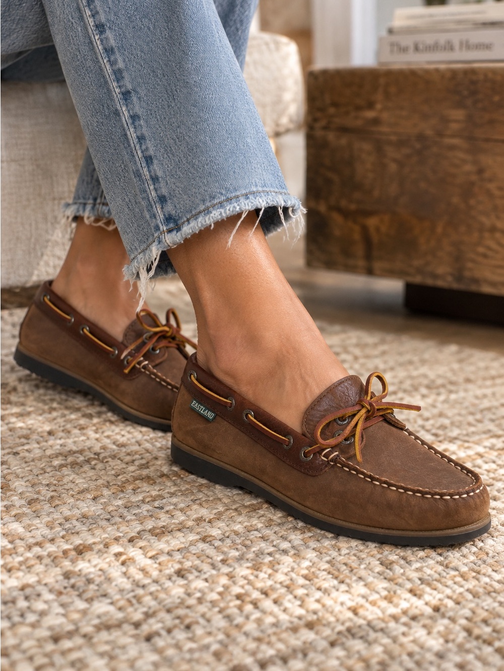 Eastland 90s Prep Brown Leather Moc Toe Boat Loafers with Tan Laces